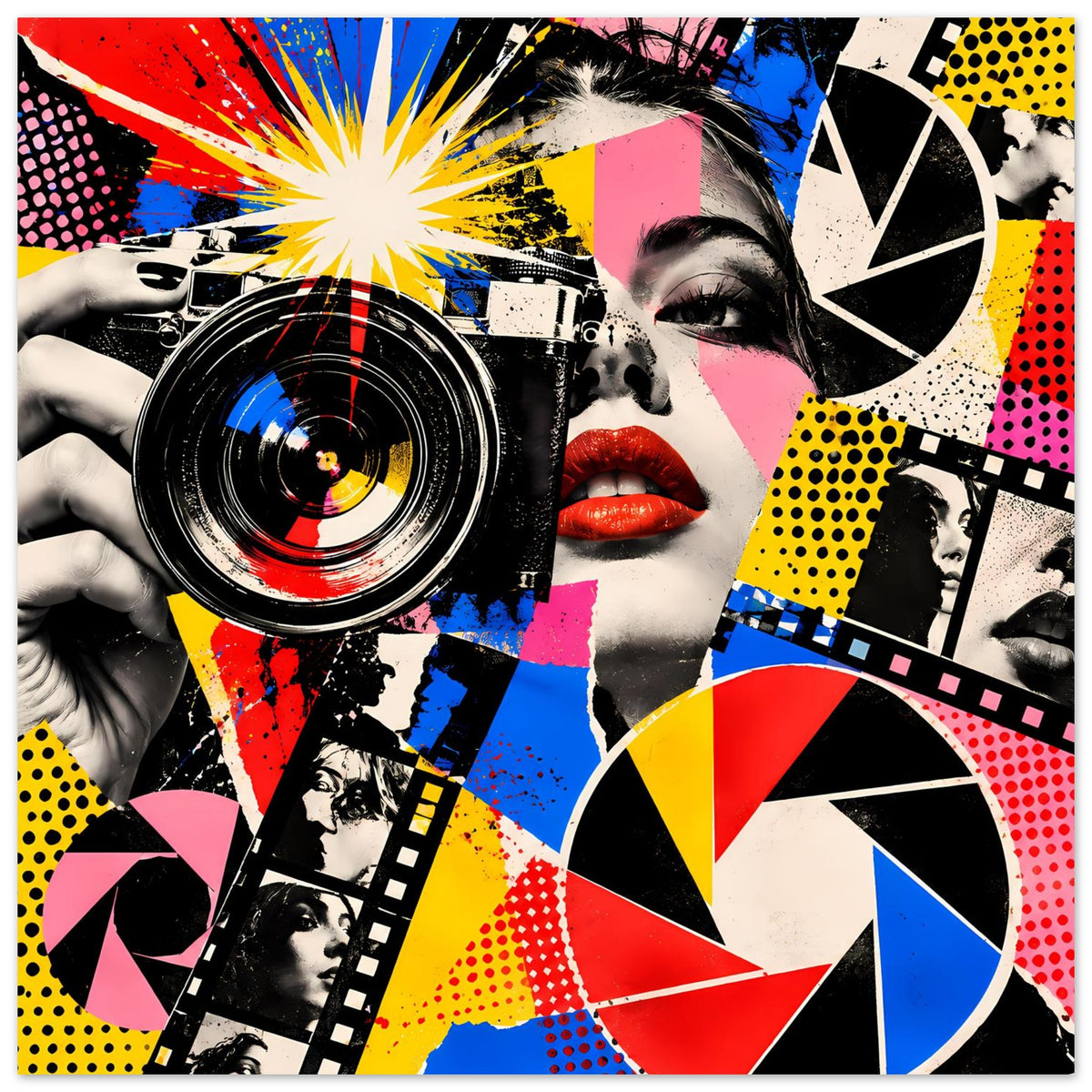 Pop-Art-Fotografie-Poster, Nahansicht mit Kamera-Linse, roten Lippen und Grafikelementen