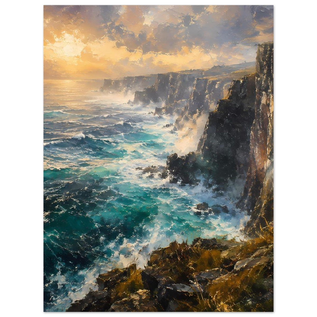 Poster Wilde Klippenküste: türkisfarbene Brandung und Felsklippen, goldene Sonne, Hochformat