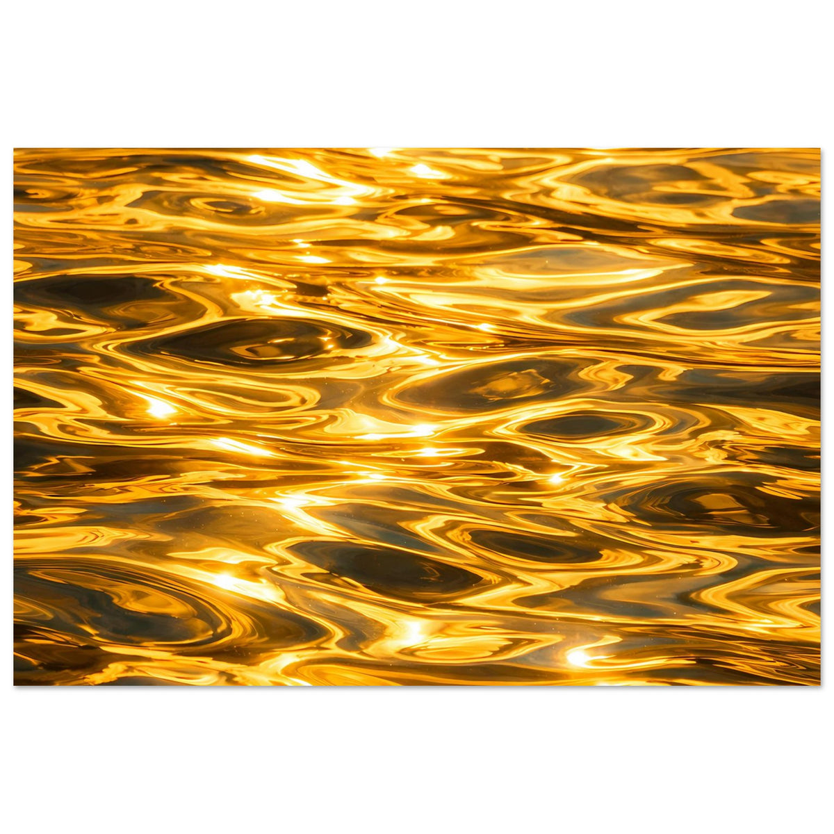 Abstraktes Poster im Querformat: goldene Strömungen mit dunklen Flecken, matt