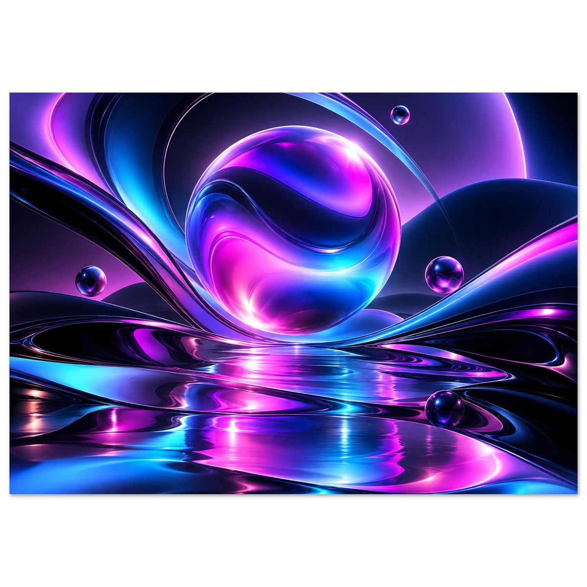 Abstraktes Poster mit 3D-Neon-Kugel, violetten Akzenten und blaublaer Spiegelung am Boden
