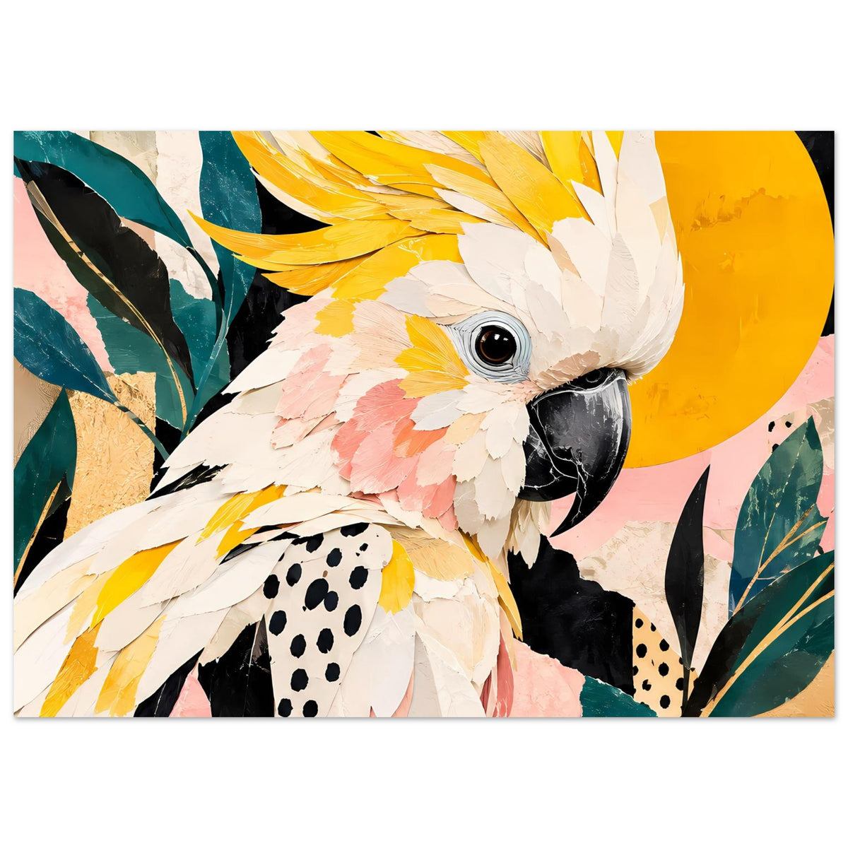Kakadu-Kunstposter im Querformat mit weißem Federkopf und bunten Tropenblättern im Hintergrund
