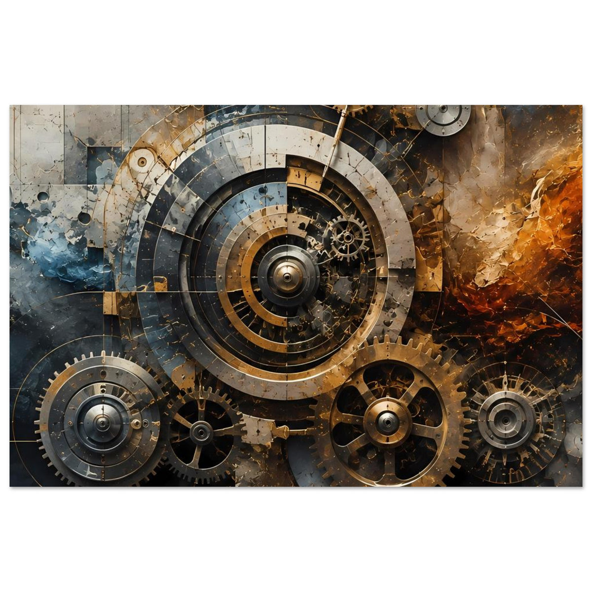 Steampunk-Gear-Poster (querformat) mit großen Zahnrädern, Kreisscheiben und warmen Metallakzenten