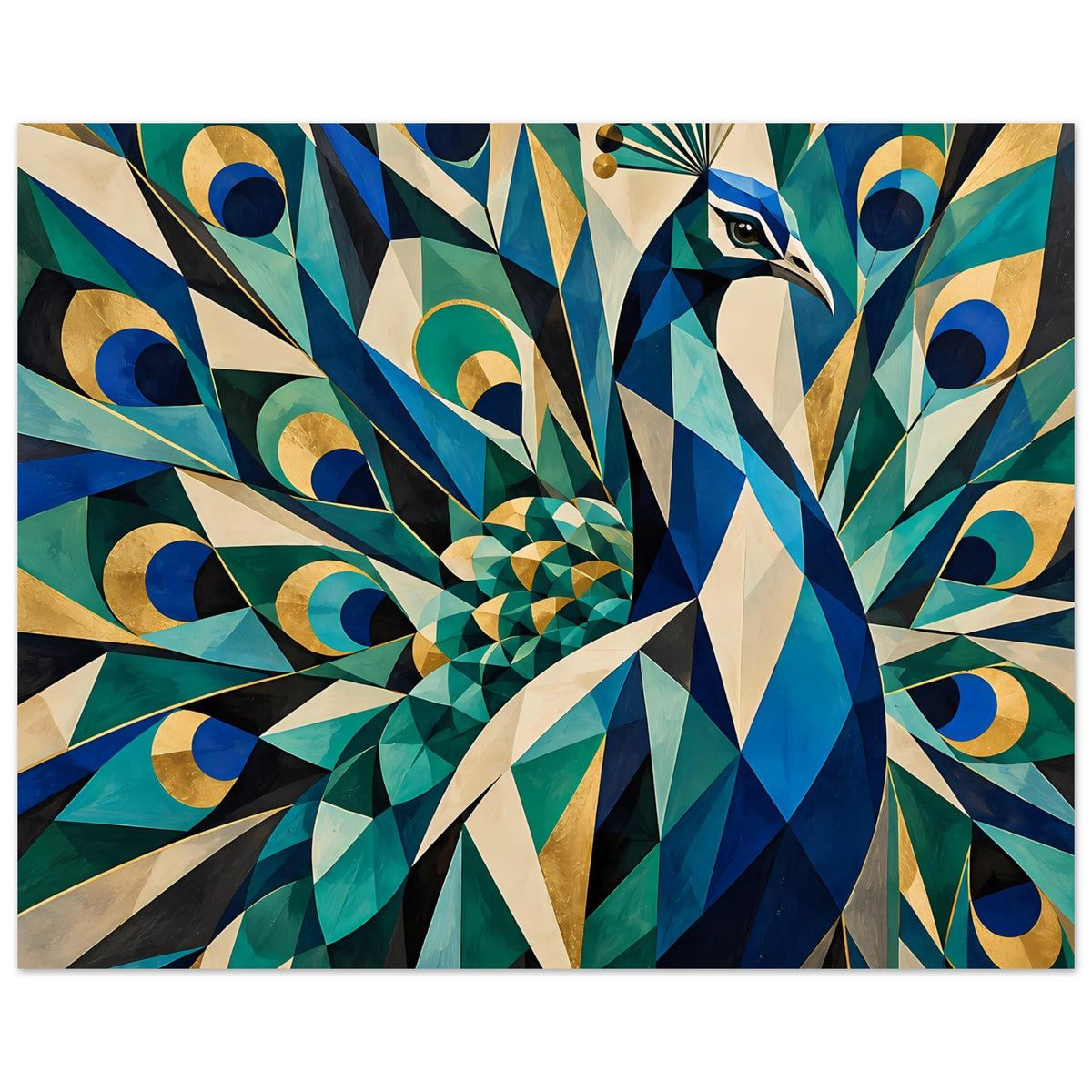 Poster mit geometrischem Pfau-Motiv und gefächerten Federn in Blau und Gold