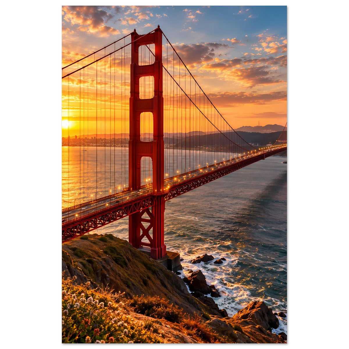 Golden-Gate-Brückenposter im Sonnenuntergang, vertikales Motiv mit Hauptturm und Küstenhang
