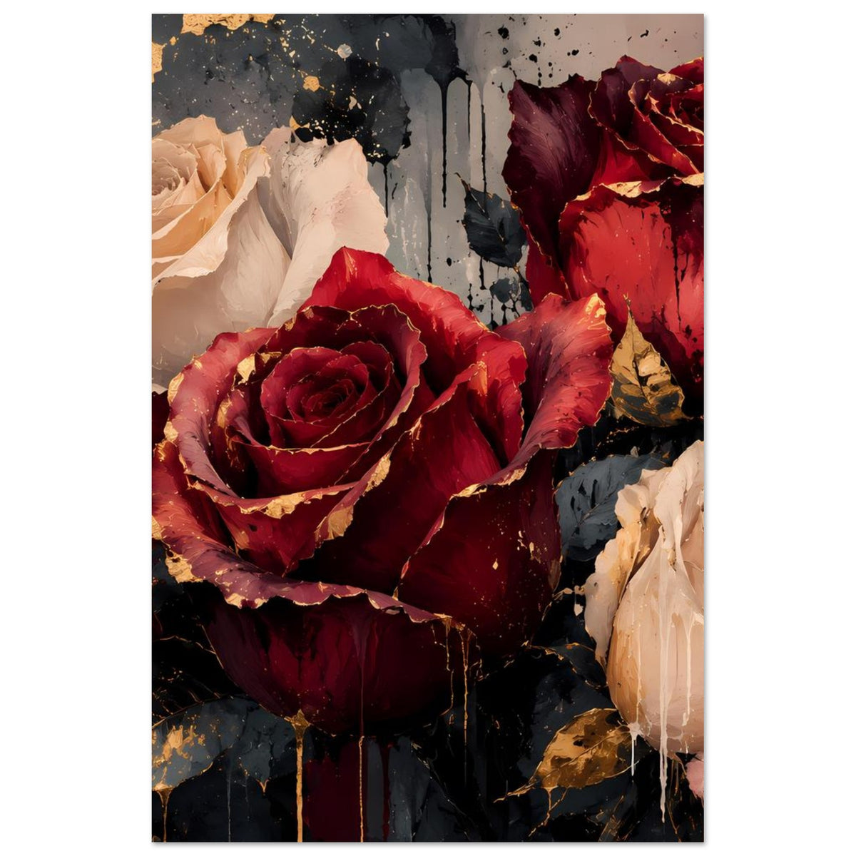 Kunstposter, vertikal: bordeauxrote Rosen neben cremefarbenen Rosen mit Goldakzenten