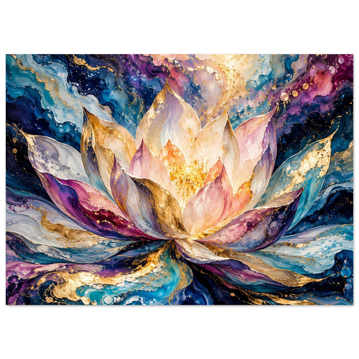 Horizontales Blumenposter mit Lotusblüte, goldglänzendem Zentrum und blau-violetten Flächen