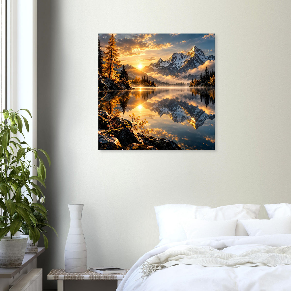 Wandposter mit Sonnenaufgang über dem Bergsee und reflektierten Alpengipfeln