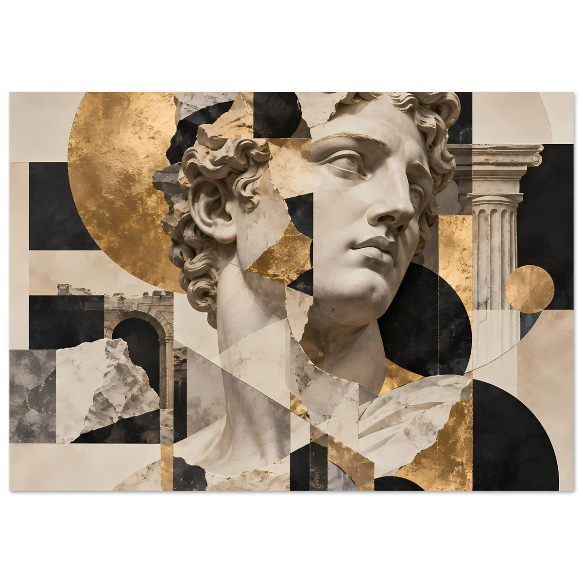 Kunstposter mit antikem Frauenkopf, geometrischen Flächen und goldenen Akzenten