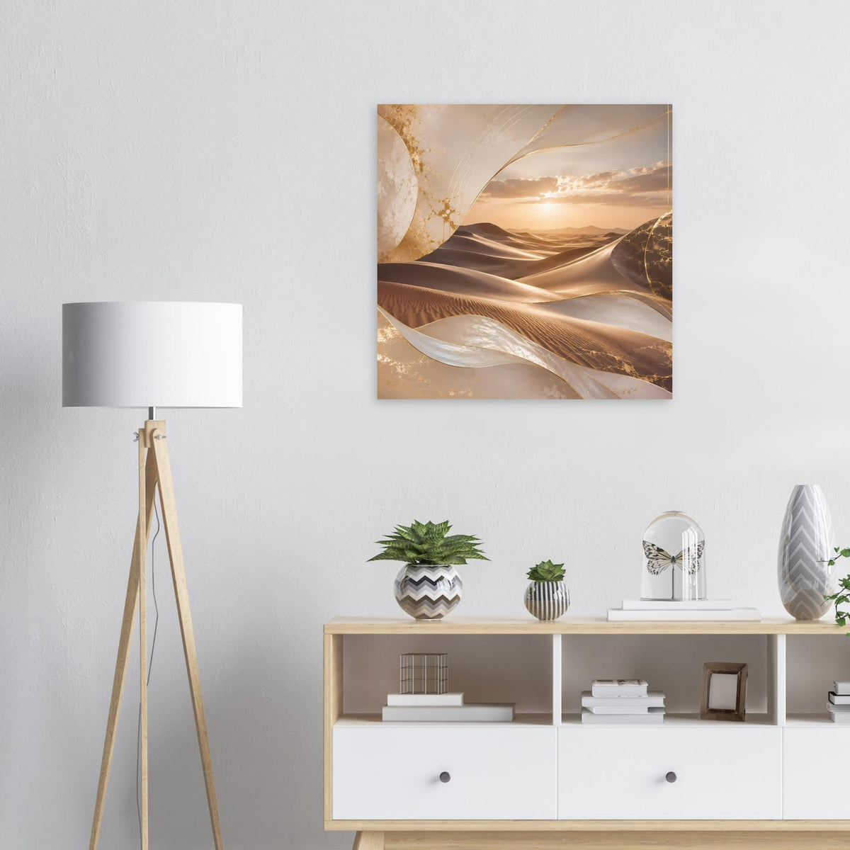 Quadratisches Poster mit Wüstenlandschaft, goldenen Akzenten und Abendsonne