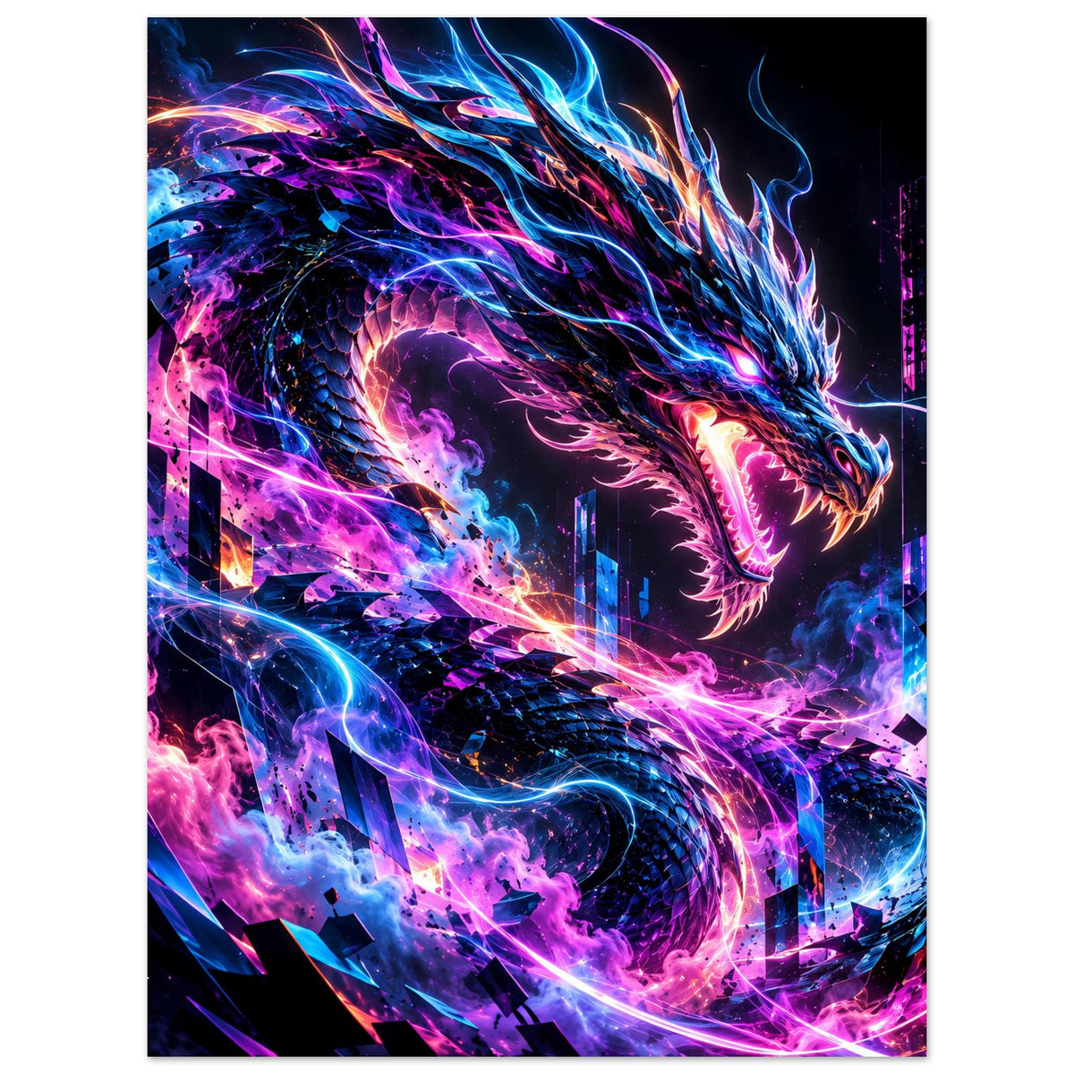 Poster mit Cyber-Drache in Neon, leuchtende Rauchwolken und Energie an Gebäuden