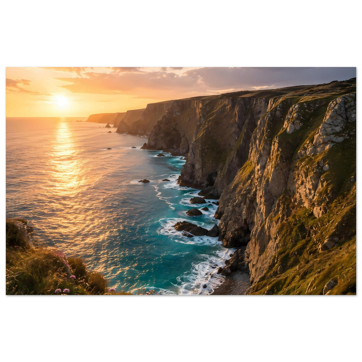 Querformat-Poster mit Küste, Felsenklippen, Sonnenuntergang und blauem Meer