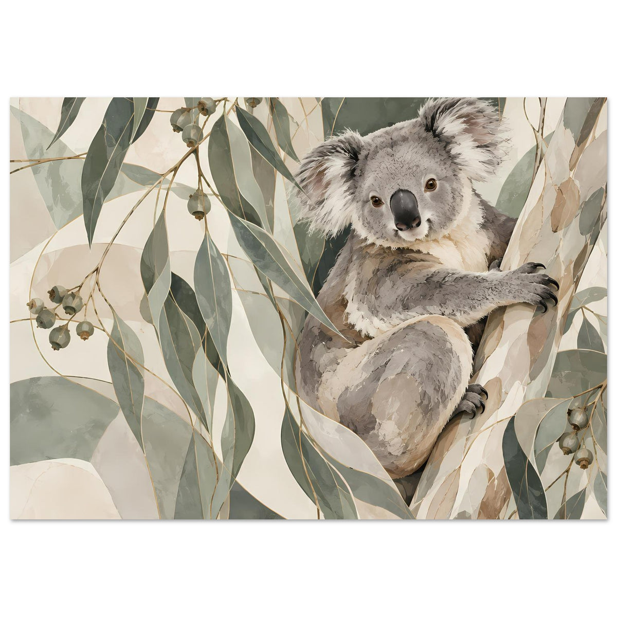 Koala-Porträtposter mit grauem Koala im Blättermeer, Pflanzenzweige in Erdtönen