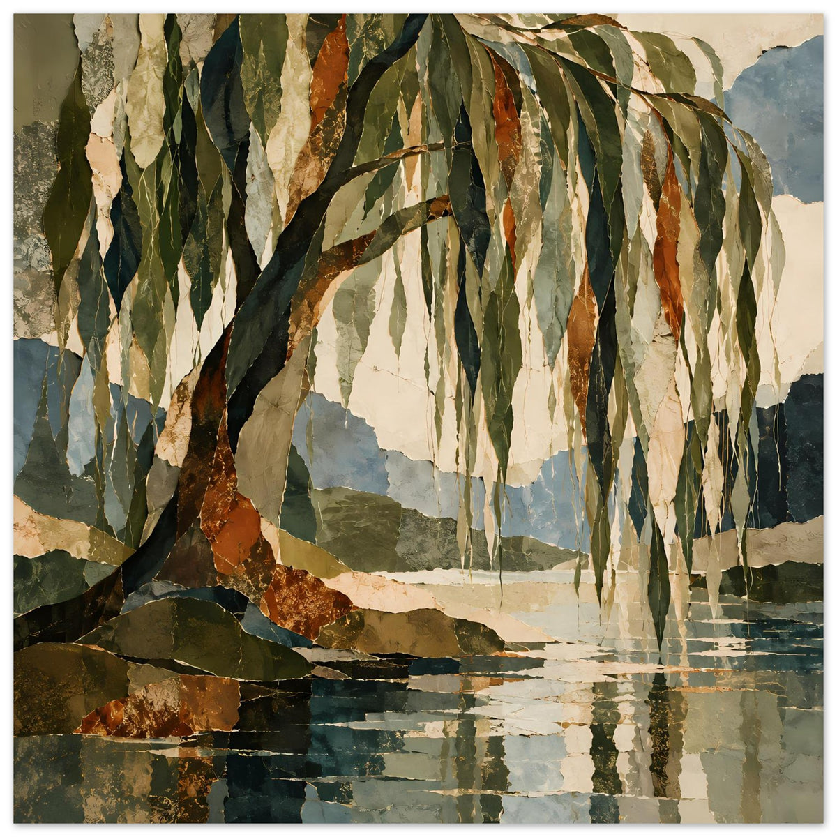 Herbstliches Poster mit Baumzweigen, grünen Blättern und Spiegelung im See, vertikales Format