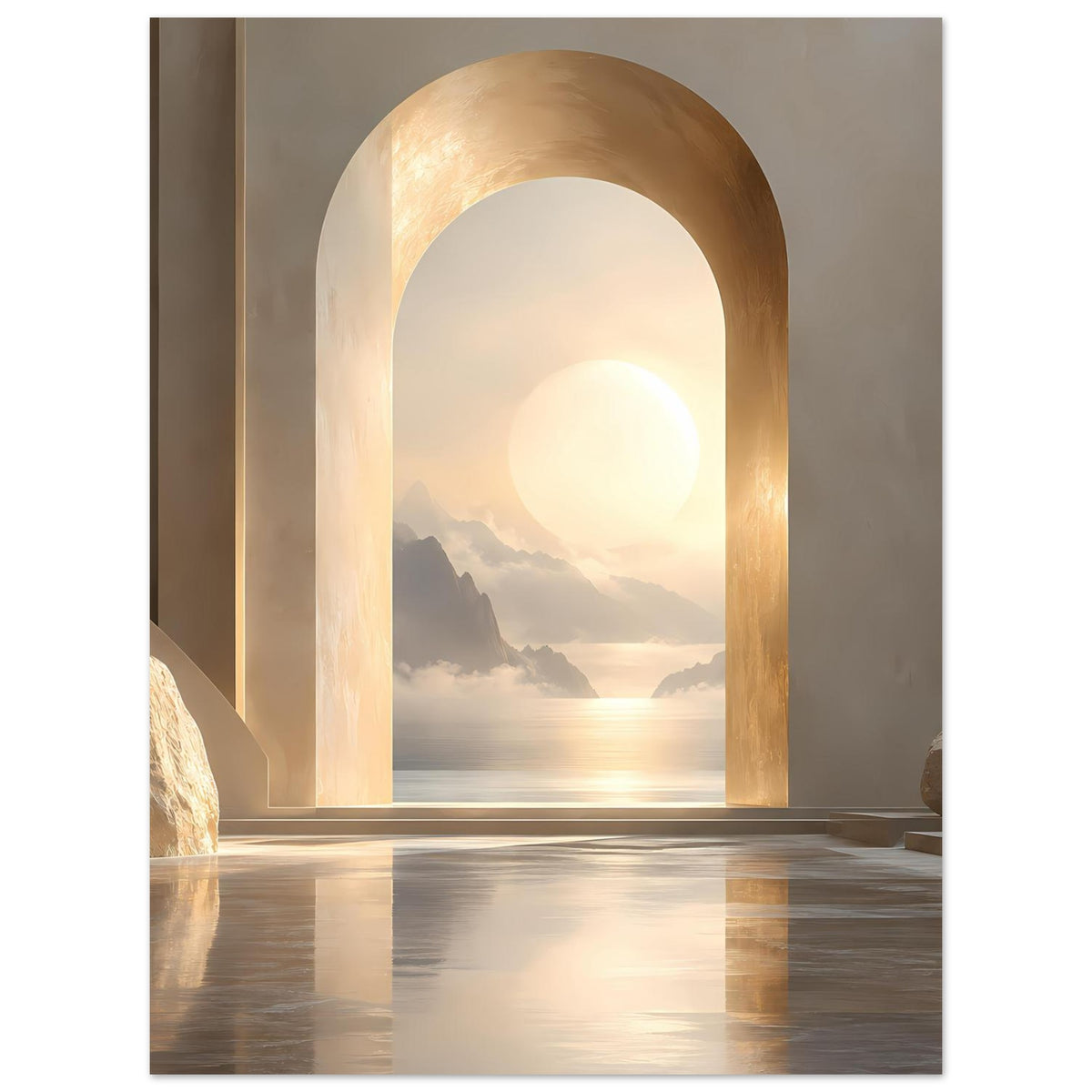 Poster mit Zen-Bogenöffnung, goldener Einfassung und Sonnenuntergang über Bergsee mit Spiegelung