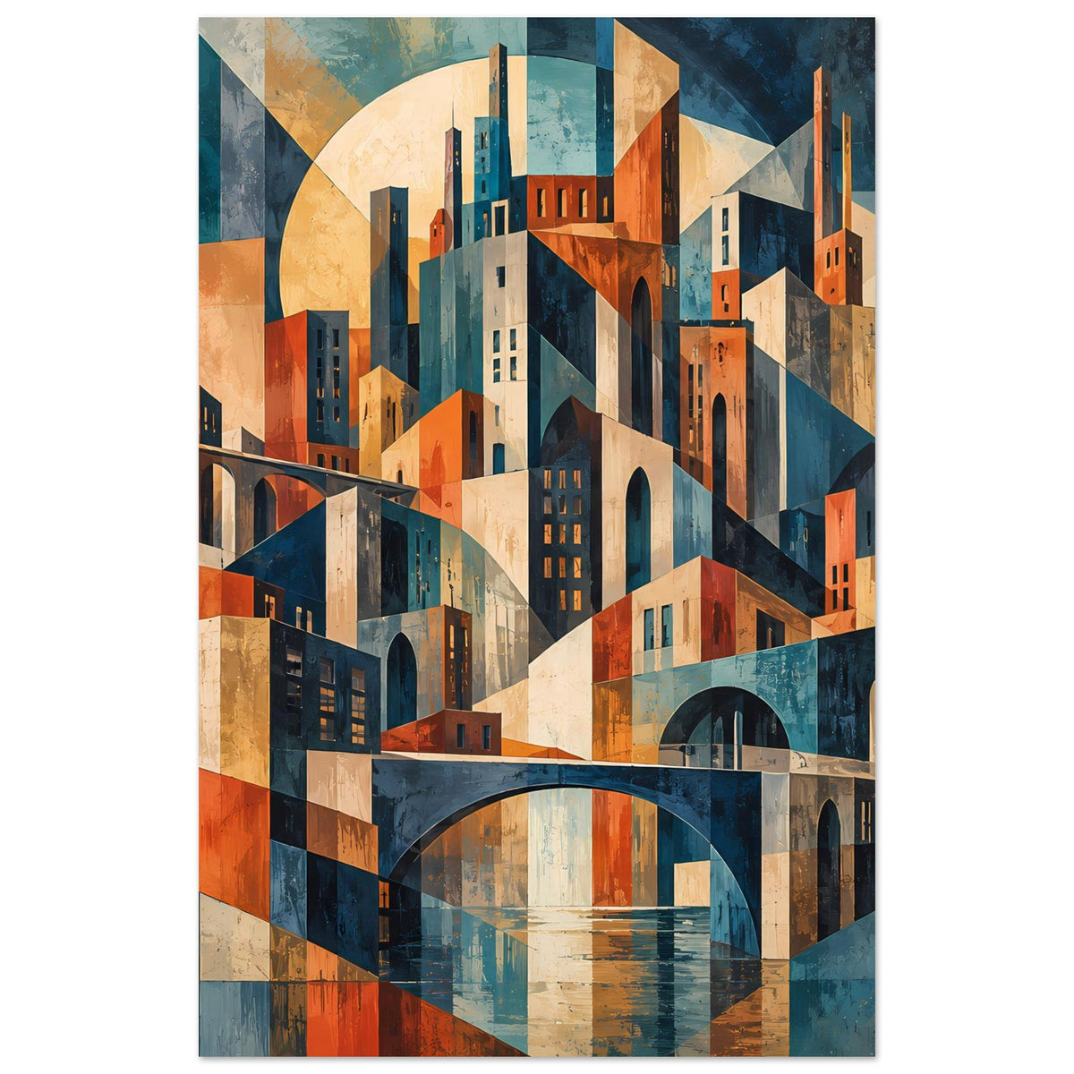 Vertikales Poster mit geometrischer Stadtsilhouette, Bogenbrücke und Wasserfläche