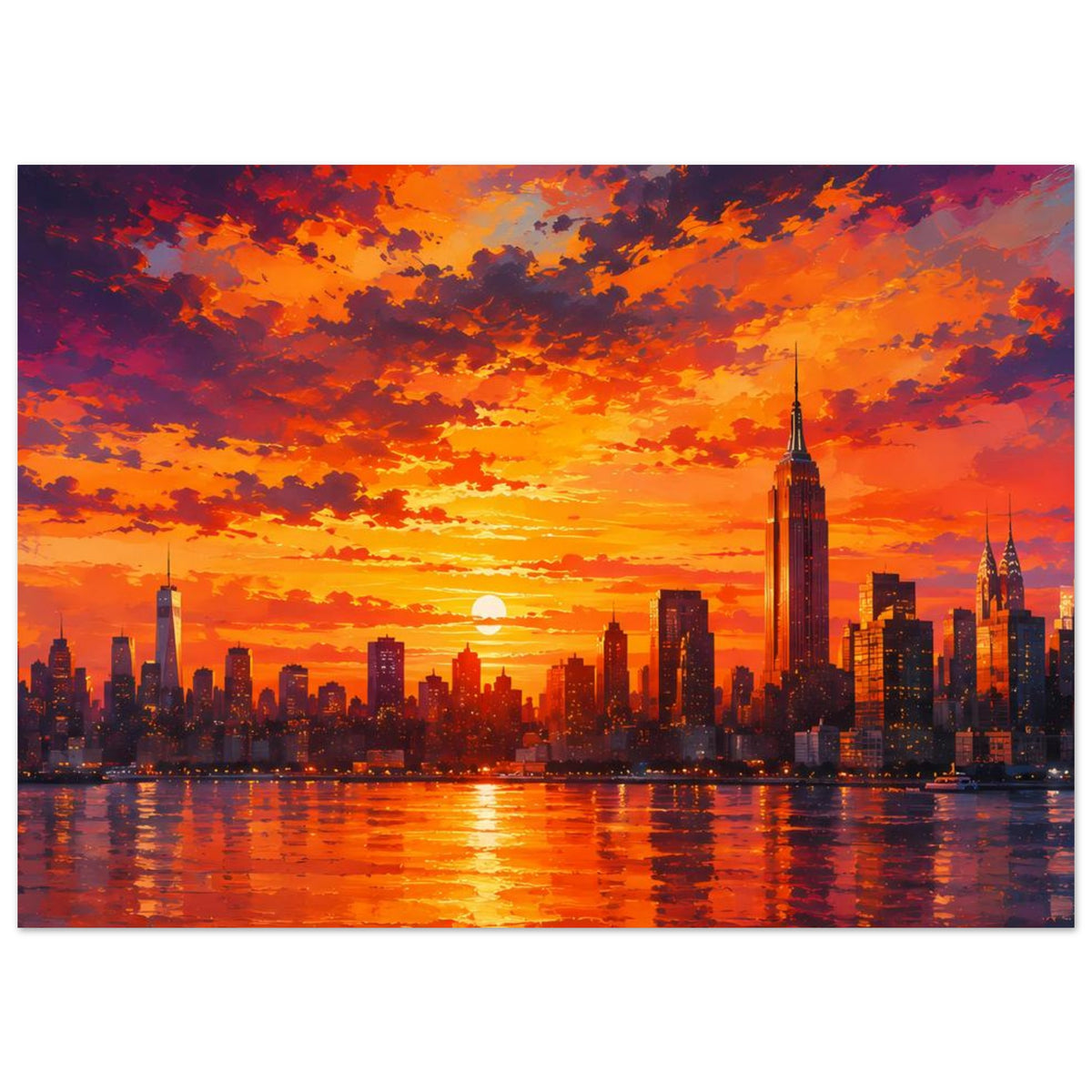 Stadtlandschafts-Poster im Querformat mit Sonnenuntergang, Skyline und Lichtspiegel am Wasser