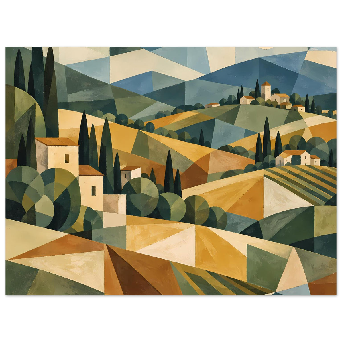 Poster mit geometrischer Landschaft in warmen Erdtönen, gestreiftes Feld und Dörfer