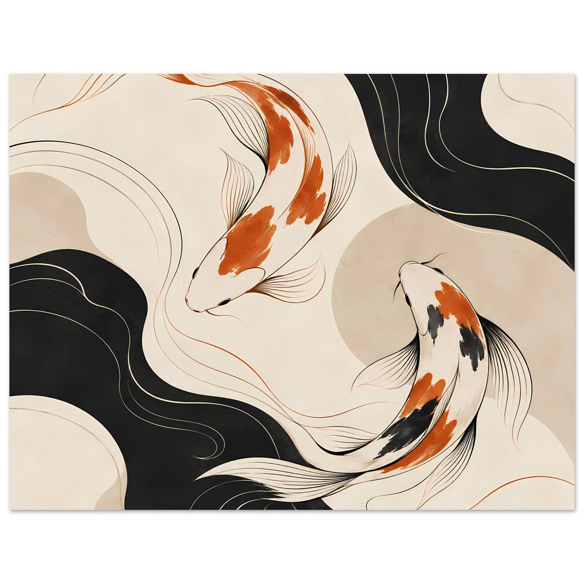 Querformat-Wandposter mit Koi-Fischen; Schwarz und Beige mit orangefarbenen Flossen in Wellen