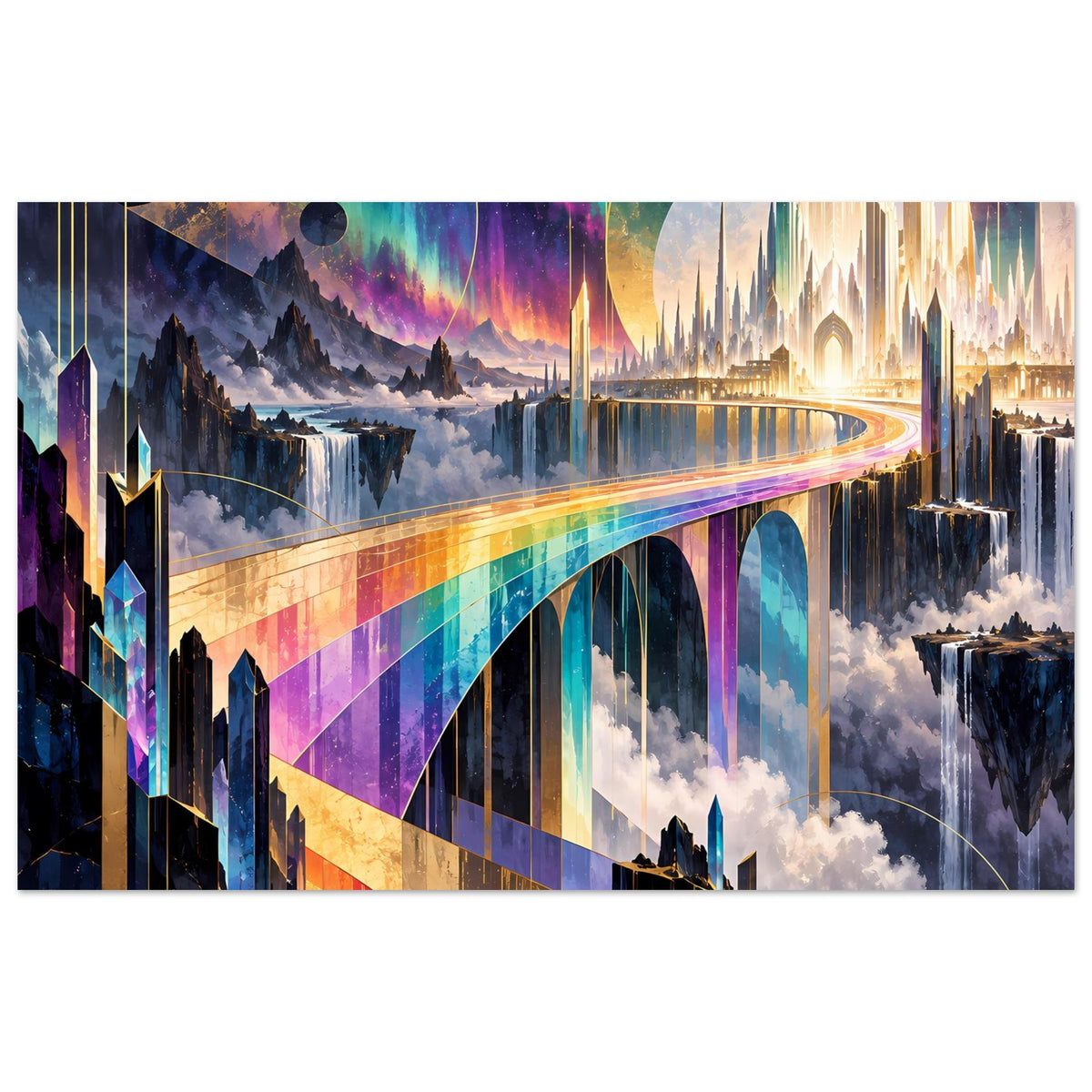 Regenbogenbrücke-Poster mit leuchtenden Farbverläufen und gotischen Türmen, Querformat