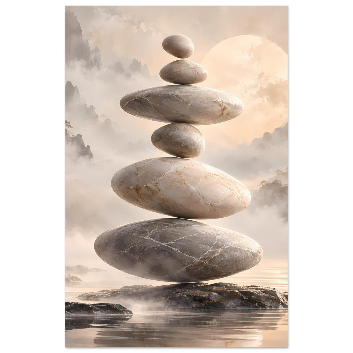Zen-Steine in Balance vor nebligem Hintergrund in sanften Beige- und Grautönen – Posteransicht 2