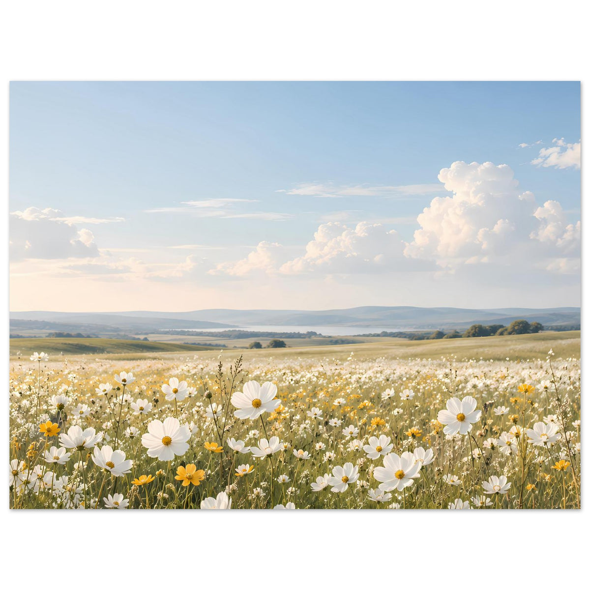 Poster im Querformat mit Wiesenblumenfeld, weißen Gänseblümchen und wolkigem Himmel