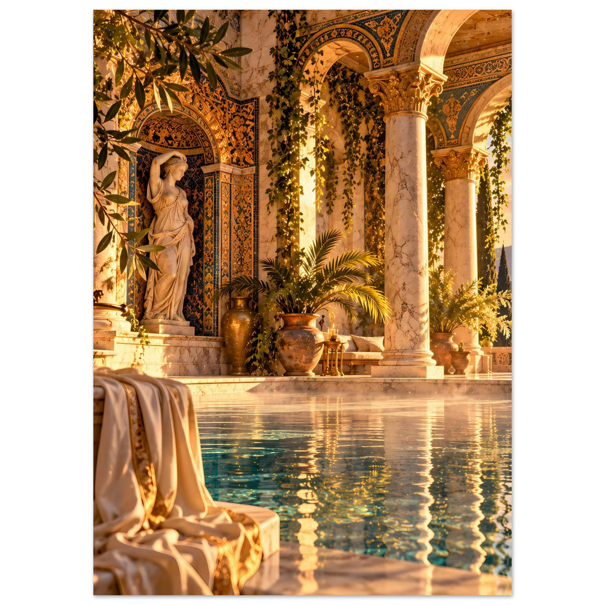 Mediterranes Poolposter mit Säulenreihe, Rankwerk und Statue am Beckenrand