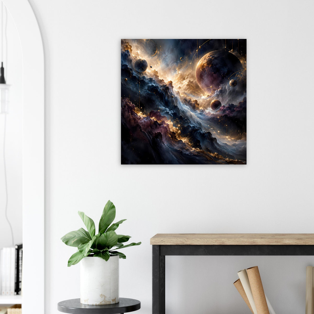 Raumfahrt-Kunstposter mit leuchtendem Nebel und dunkler Sternenkulisse