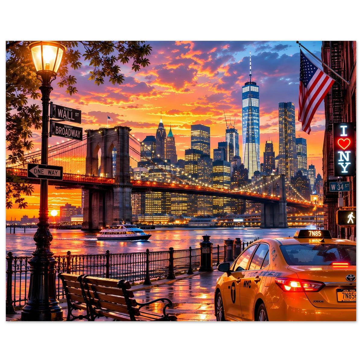Stadtansicht-Poster mit New-York-Skyline bei Sonnenuntergang, US-Flagge, Taxi und Promenade