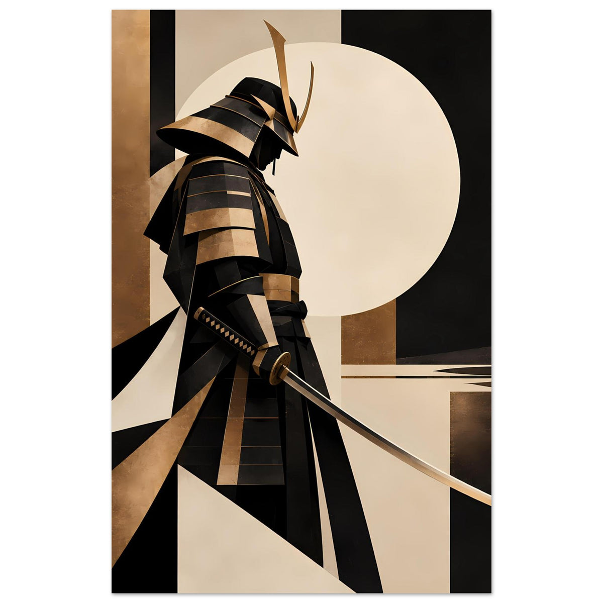 Vertikales Kunstposter: Samurai in schwarzer Rüstung mit goldenem Akzent, Katana nach vorn