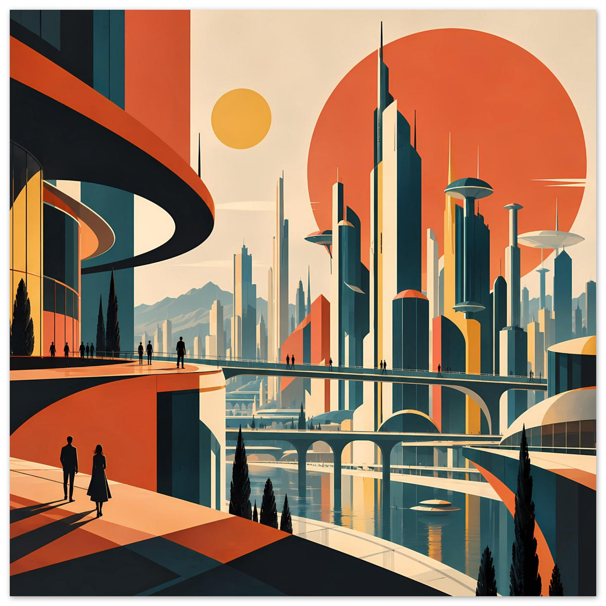 Retro-Stadtposter mit futuristischer Skyline, gebogener Brücke, orangefarbenen Rundformen und Personen