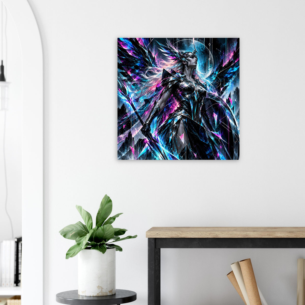 Quadratisches Poster mit Valkyrie im abstrakten Neon-Design, blaues Leuchtgesicht