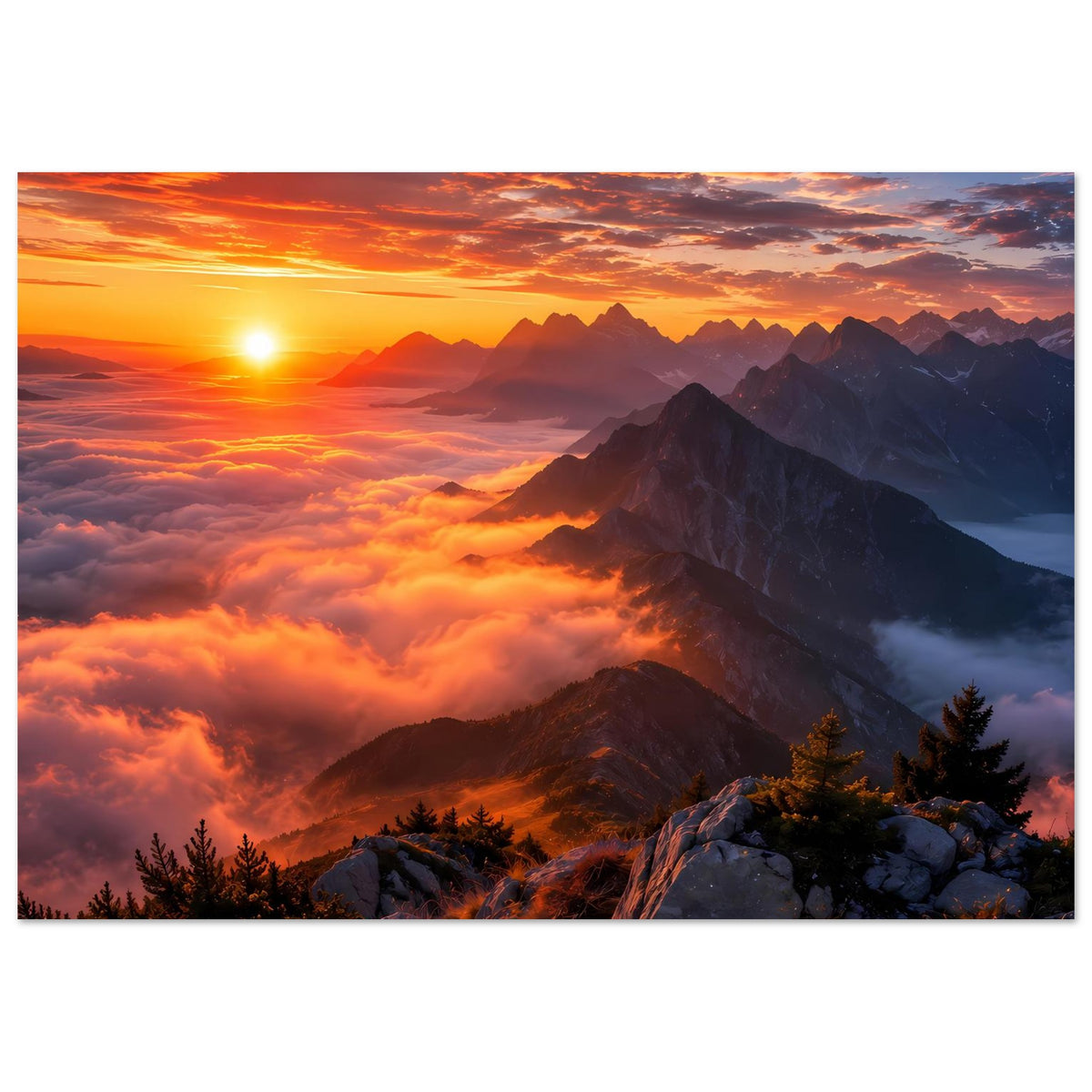 Wandposter (Querformat) mit Sonnenuntergang über Bergkette, Wolken und Fichten
