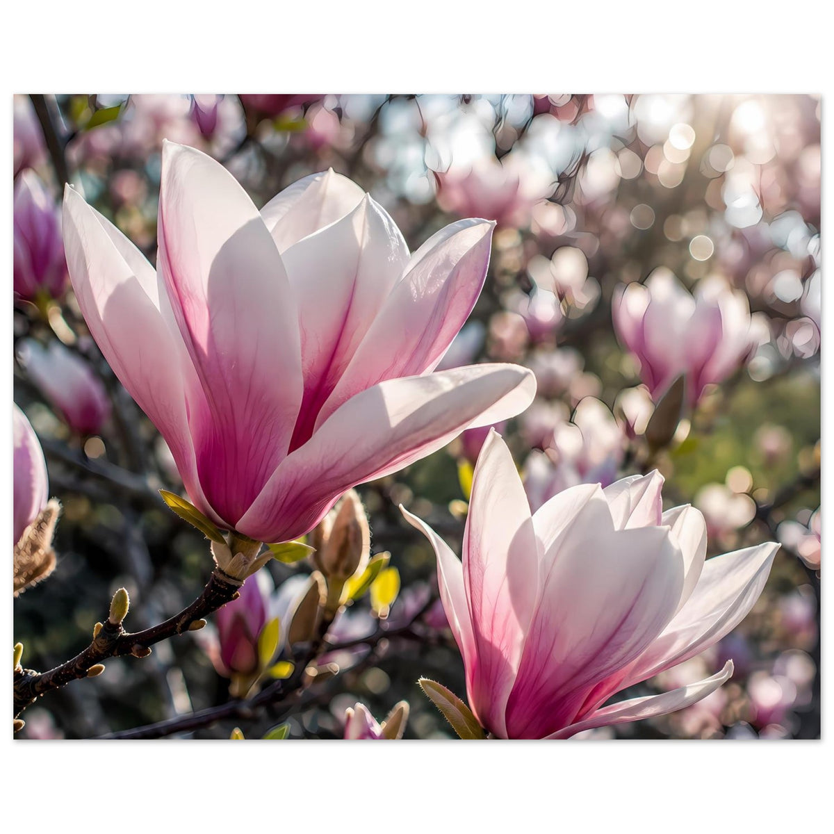 Poster mit rosa-weißen Magnolienblüten auf Zweig, zwei große Blüten, zarte Farbübergänge