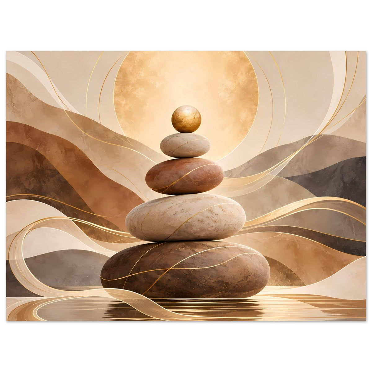 Zen-Poster im Querformat mit Steinturm, beigen und braunen Flächen sowie goldenen Akzenten