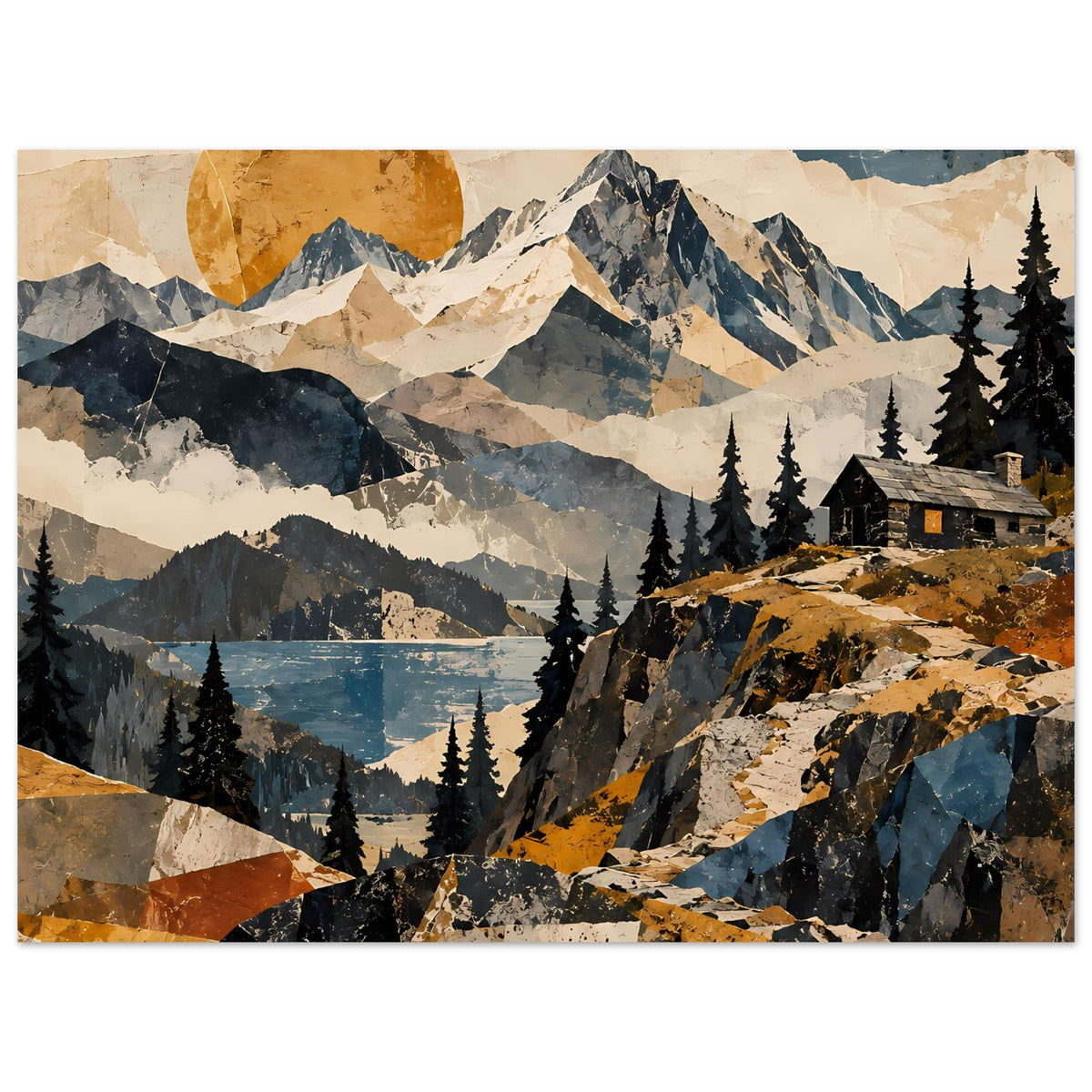 Querformatiges Naturposter mit Alpenbergen, Tannenwald, See und Berghütte, Sonnenkreis oben