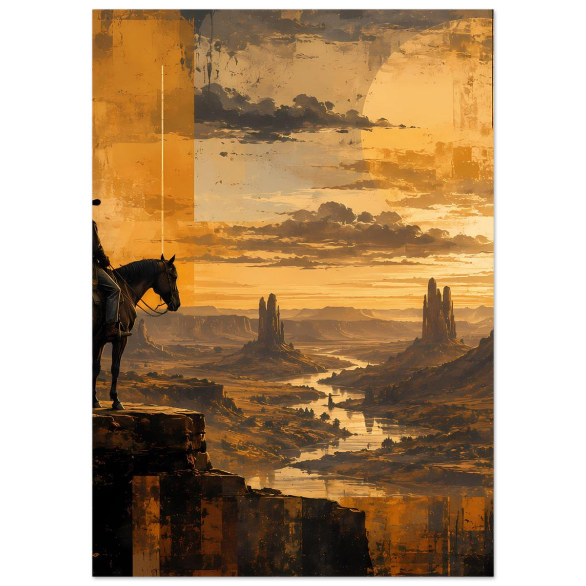 Wandposter im Hochformat: Cowboy mit Pferd auf Felsblock, Wüstenlandschaft bei Sonnenuntergang