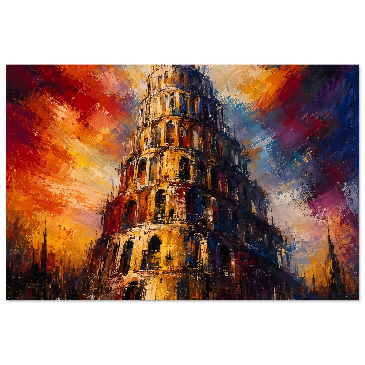 Druckposter Turm von Babel, farbenfrohe Pinselstruktur, schwarzer Rand, Querformat.