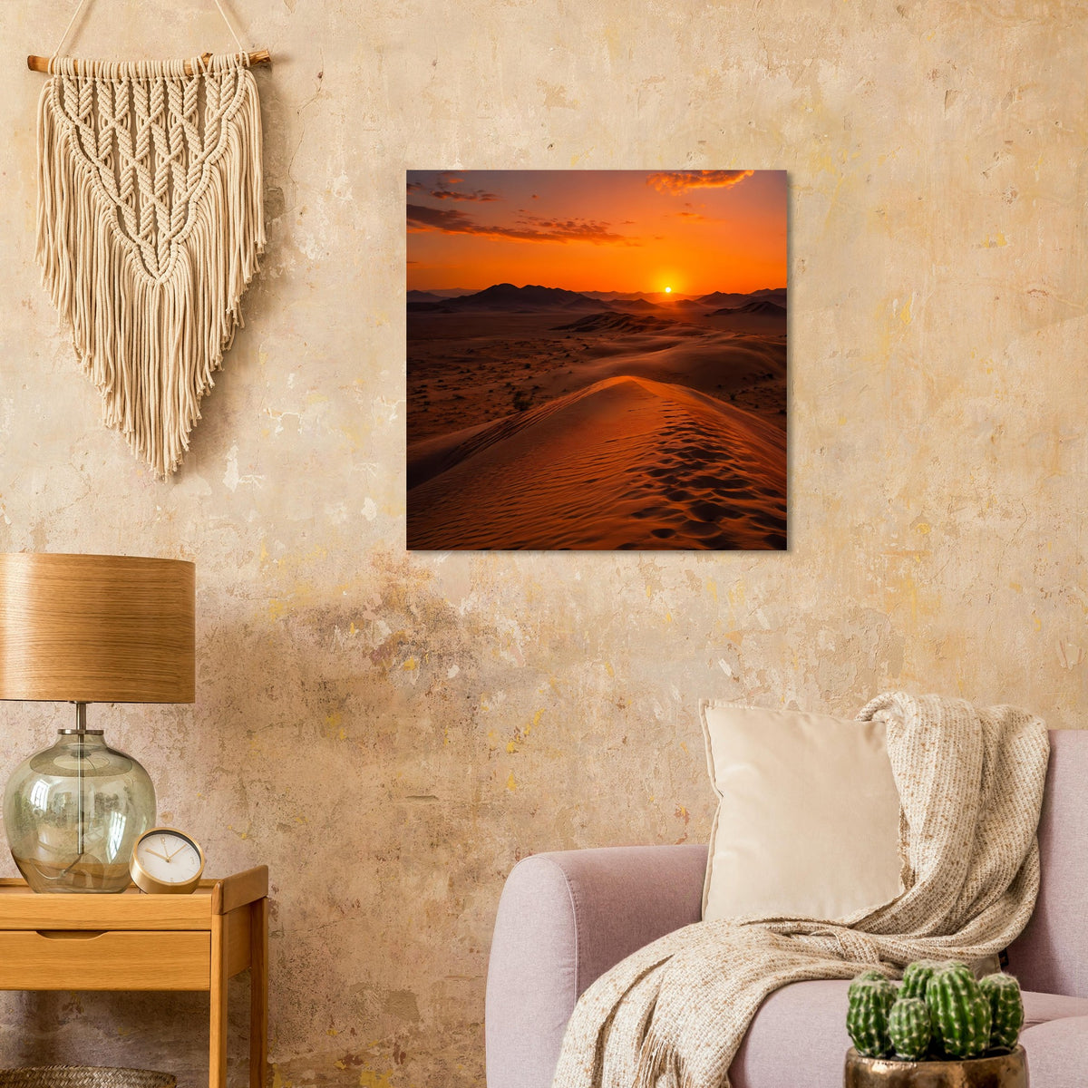 Quadratisches Poster im Sonnenuntergang: Dünenweg im warmen Orangeton