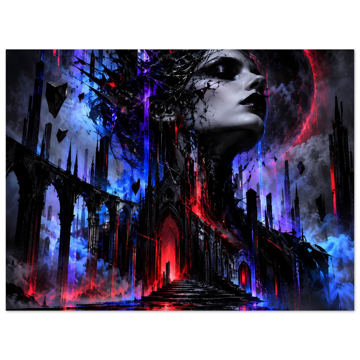 Gothic-Fantasy-Poster mit Porträt im Profil, Neonblau und Neonorot über dunkler Straße