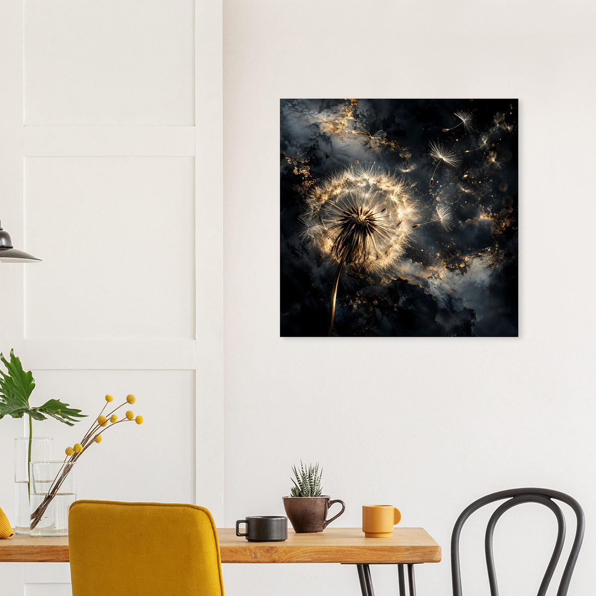 Quadratisches Poster im schwarzen Rahmen: goldene Pusteblume mit funkelndem Staub