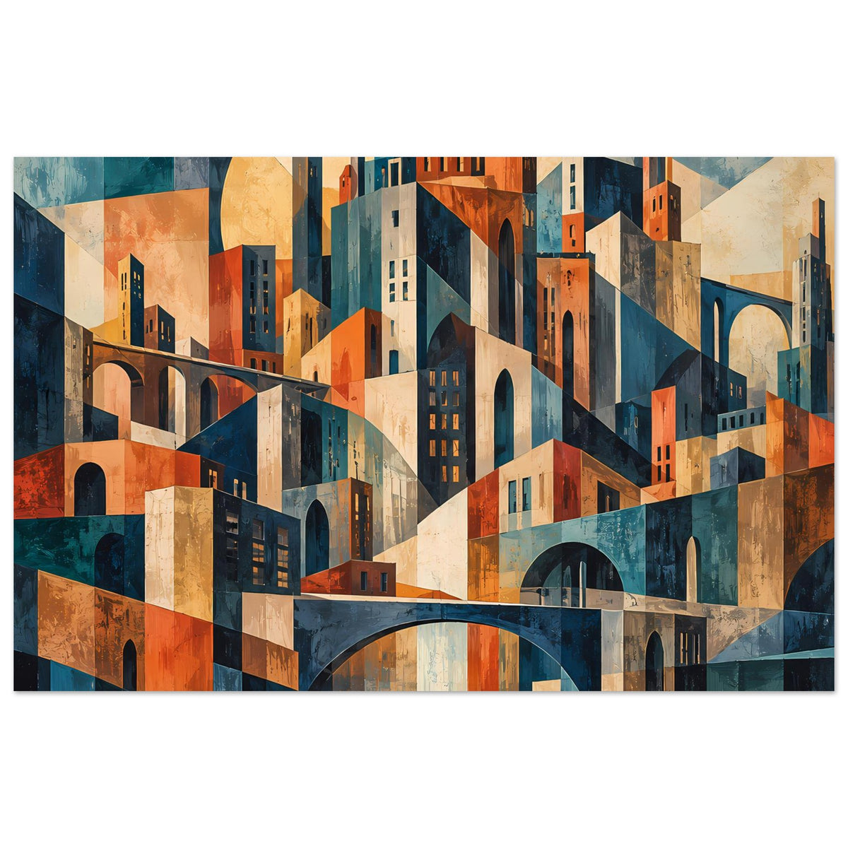 Geometrisches Stadtbild-Poster im Querformat mit Stadtskyline, Brückenbogen und warmen Farben
