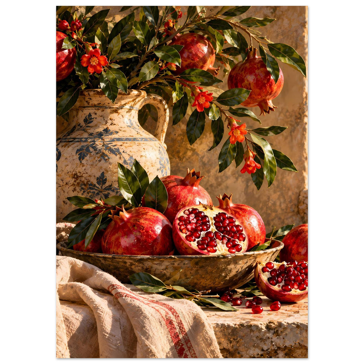 Poster mit Granatäpfeln, Keramikvase im Hintergrund und Schale mit aufgeschnittener Frucht