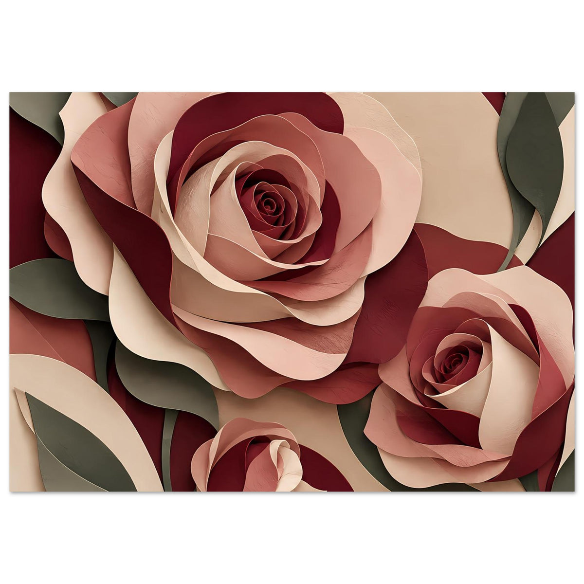 Horizontales Kunstposter mit Rosen in Burgunder, Rosé, Beige und Olivgrün
