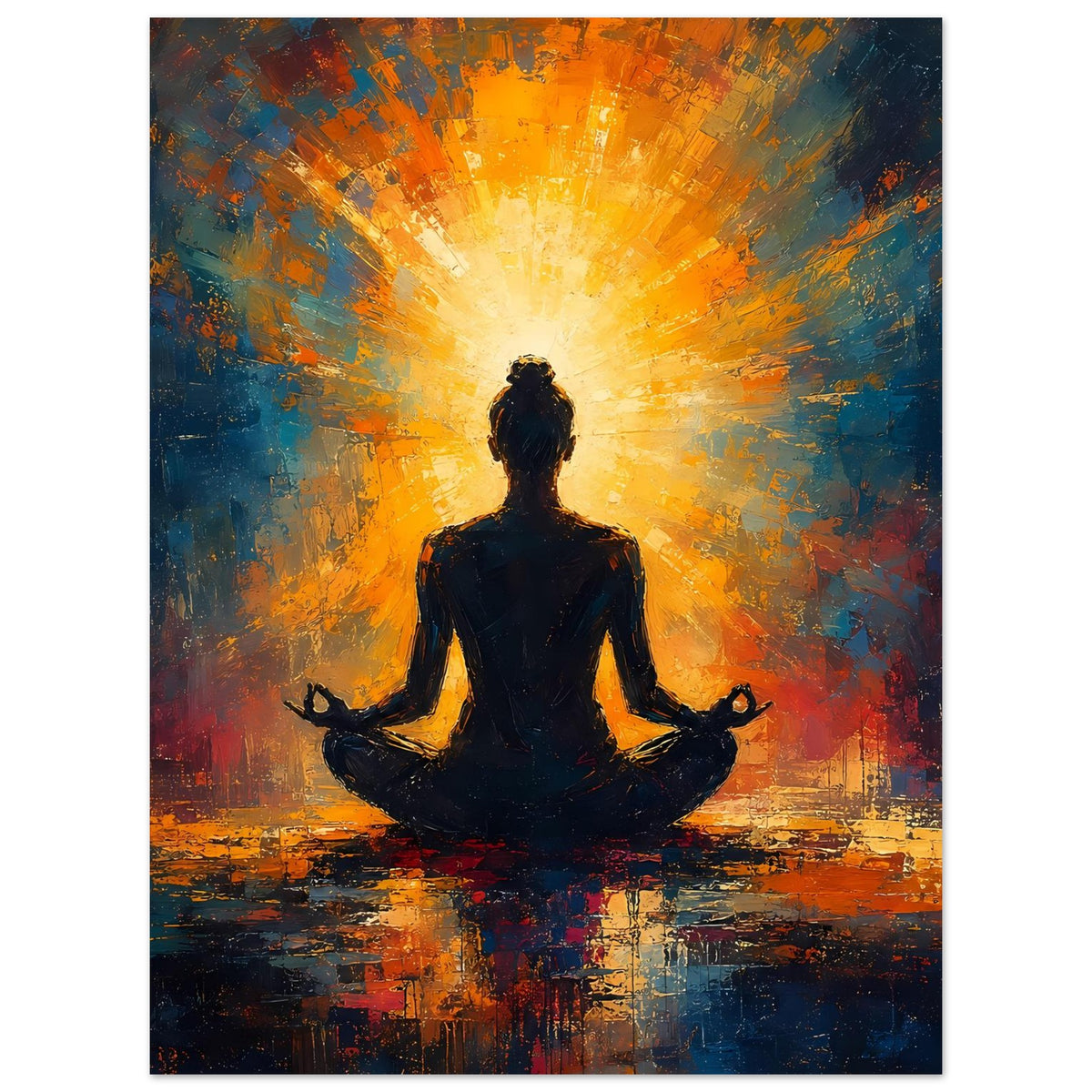 Poster mit meditierender Silhouette im Meditationssitz, gold leuchtender Strahlenhintergrund
