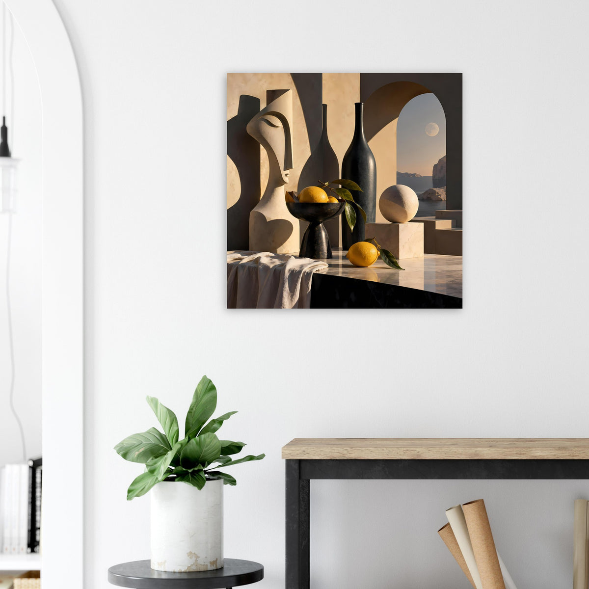 Gerahmtes Poster mit abstrakten Vasen, goldenen Elementen und Fensterbogen mit Abendsonne