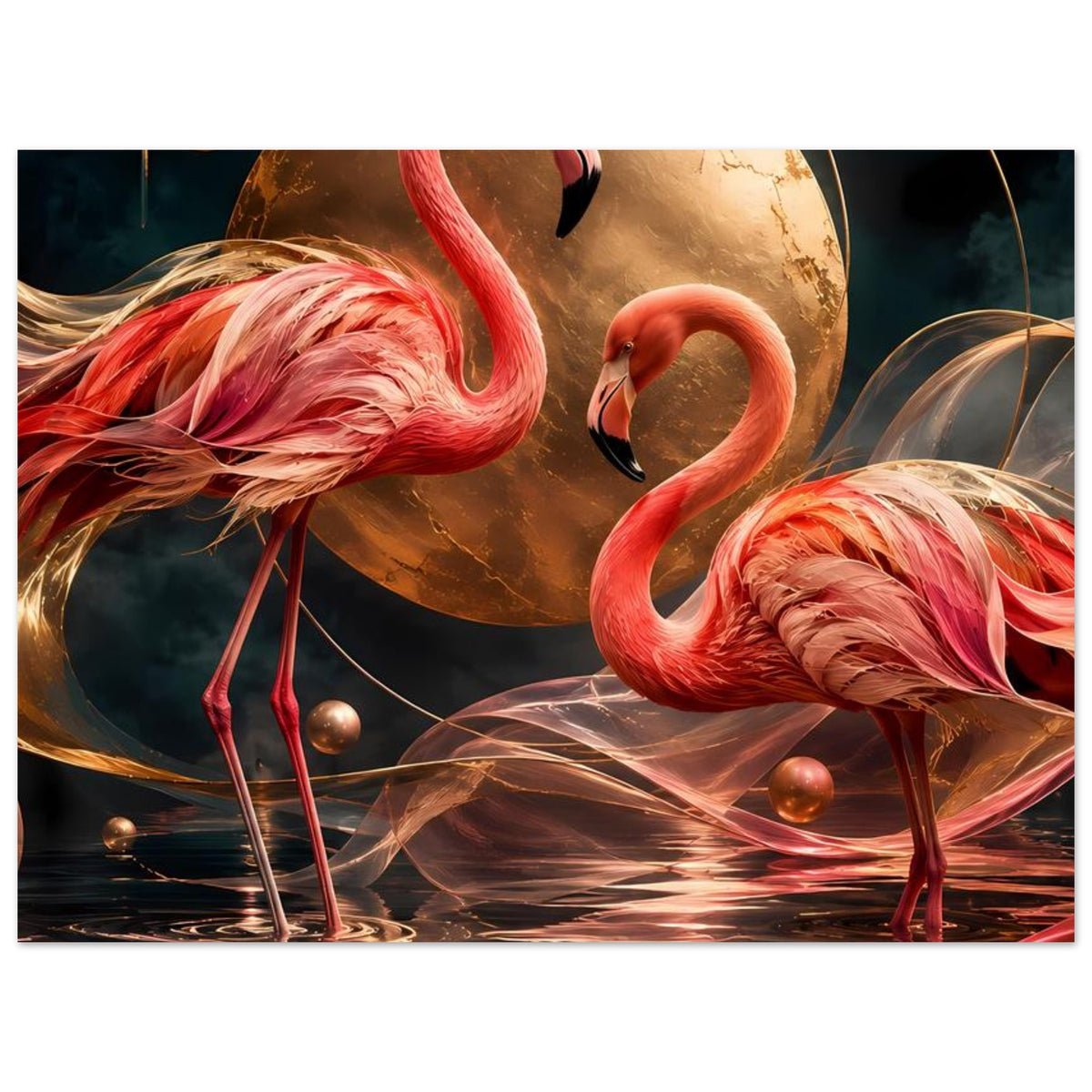 Kunstposter: zwei Flamingos vor goldener Mondkugel, feine Deko-Elemente und Reflexionen