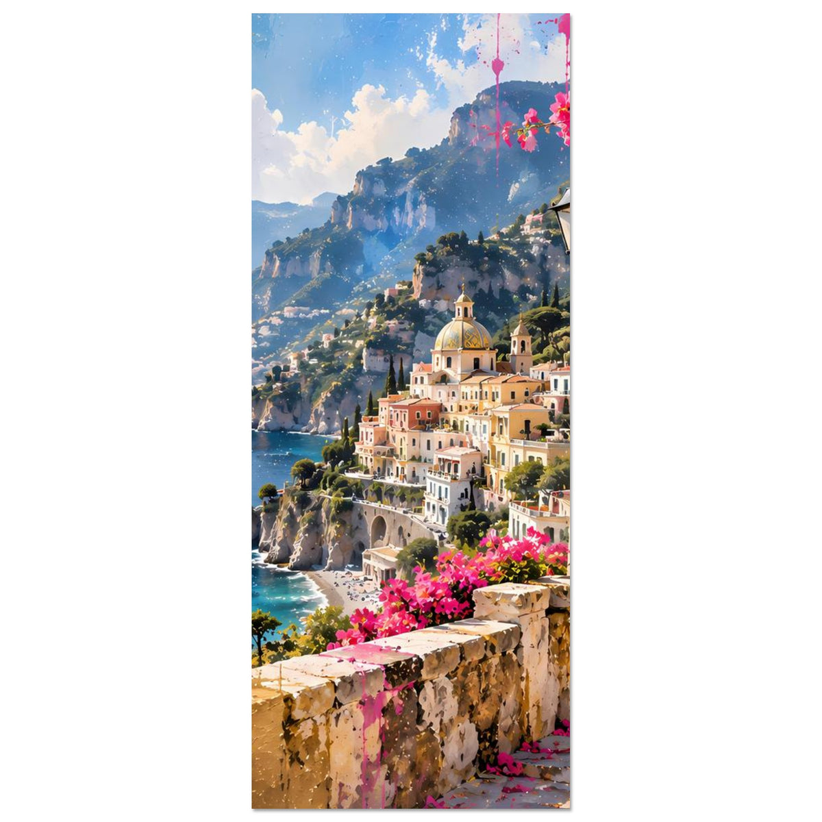 Vertikales Poster mit Meerblick auf Küstenstadt, Felsbalkon und pinken Blüten
