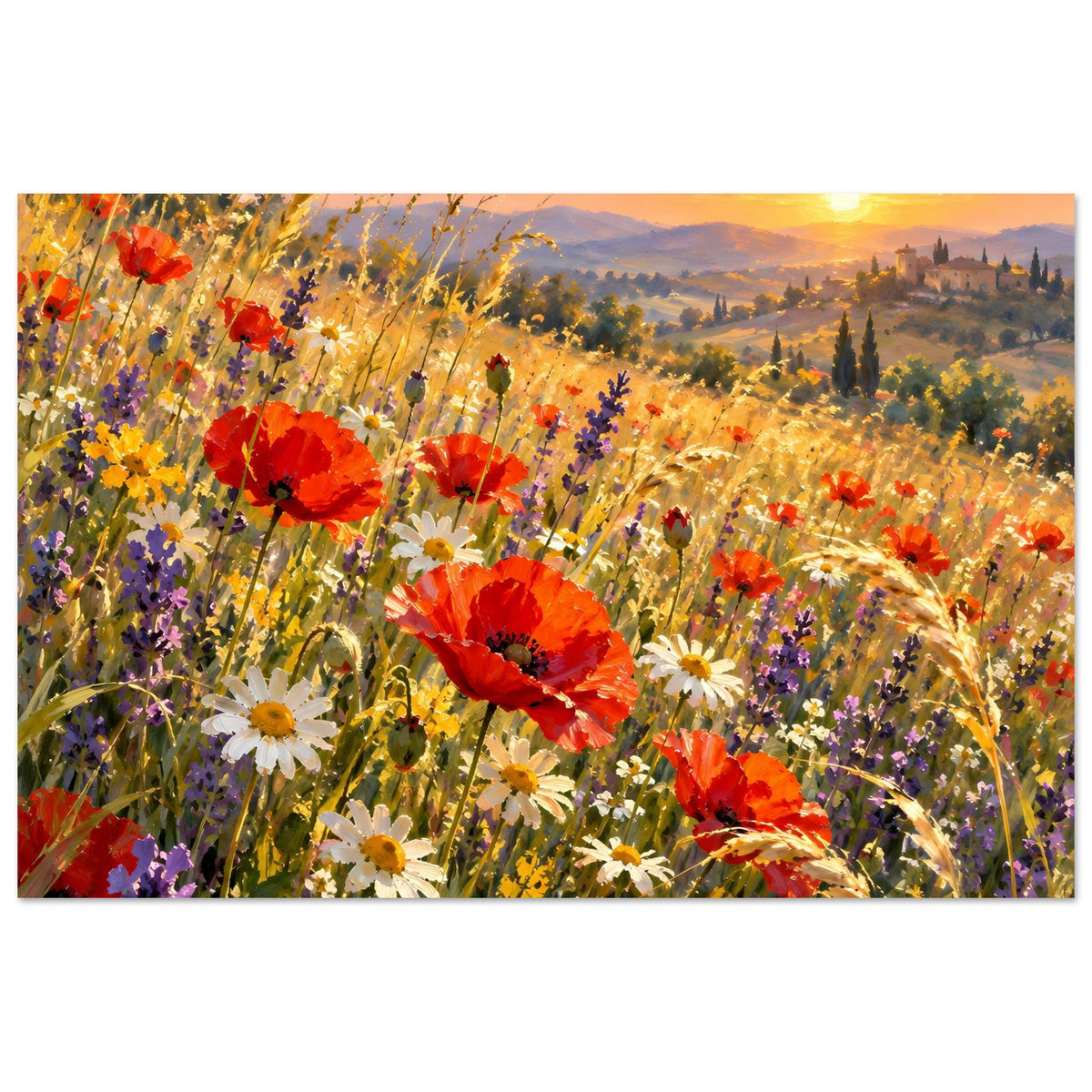 Poster mit blühendem Feld und roten Mohnblüten bei warmem Abendhimmel