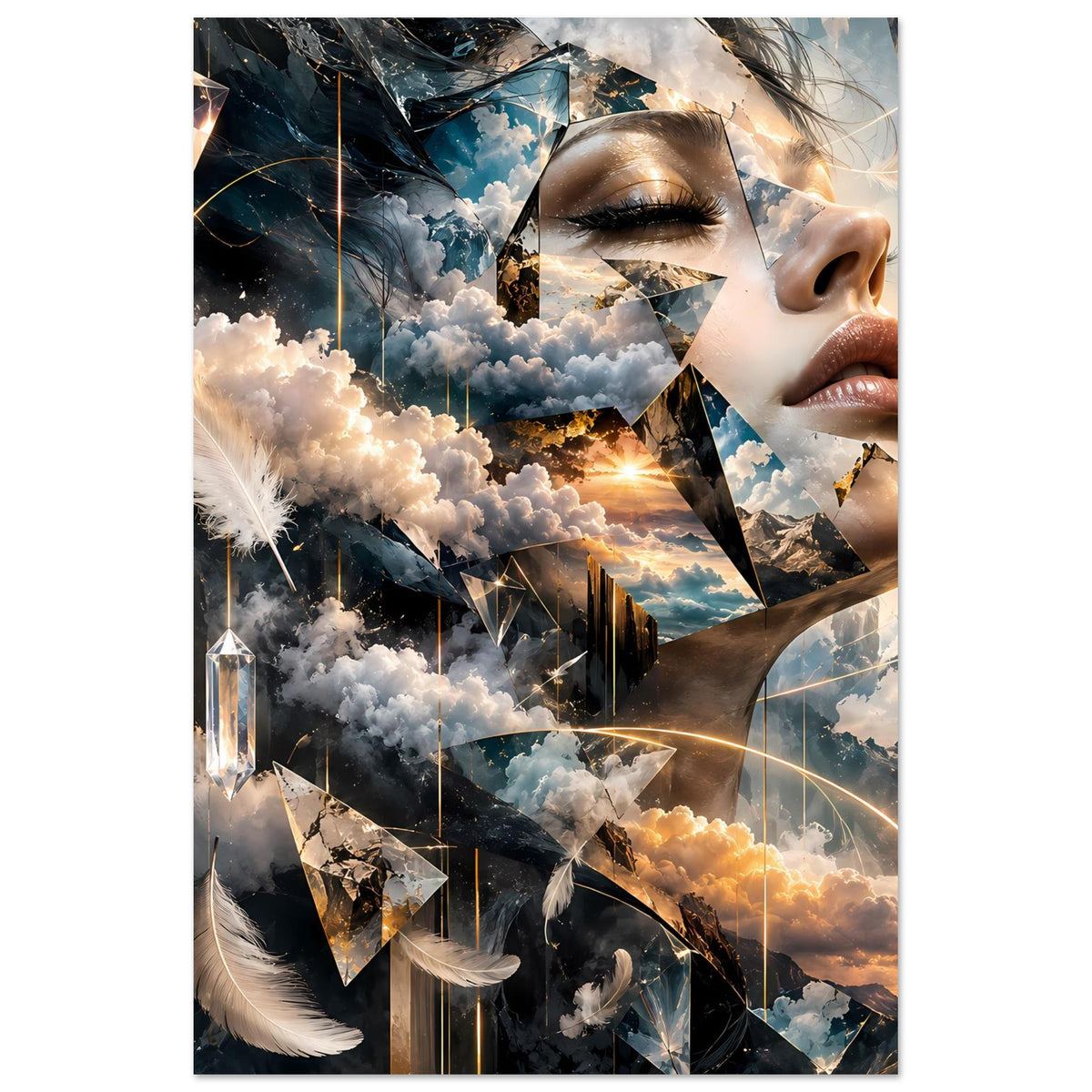 Vertikales Poster: Frauengesicht im Traum, Wolken, Kristallfragmente und goldene Lichtlinien