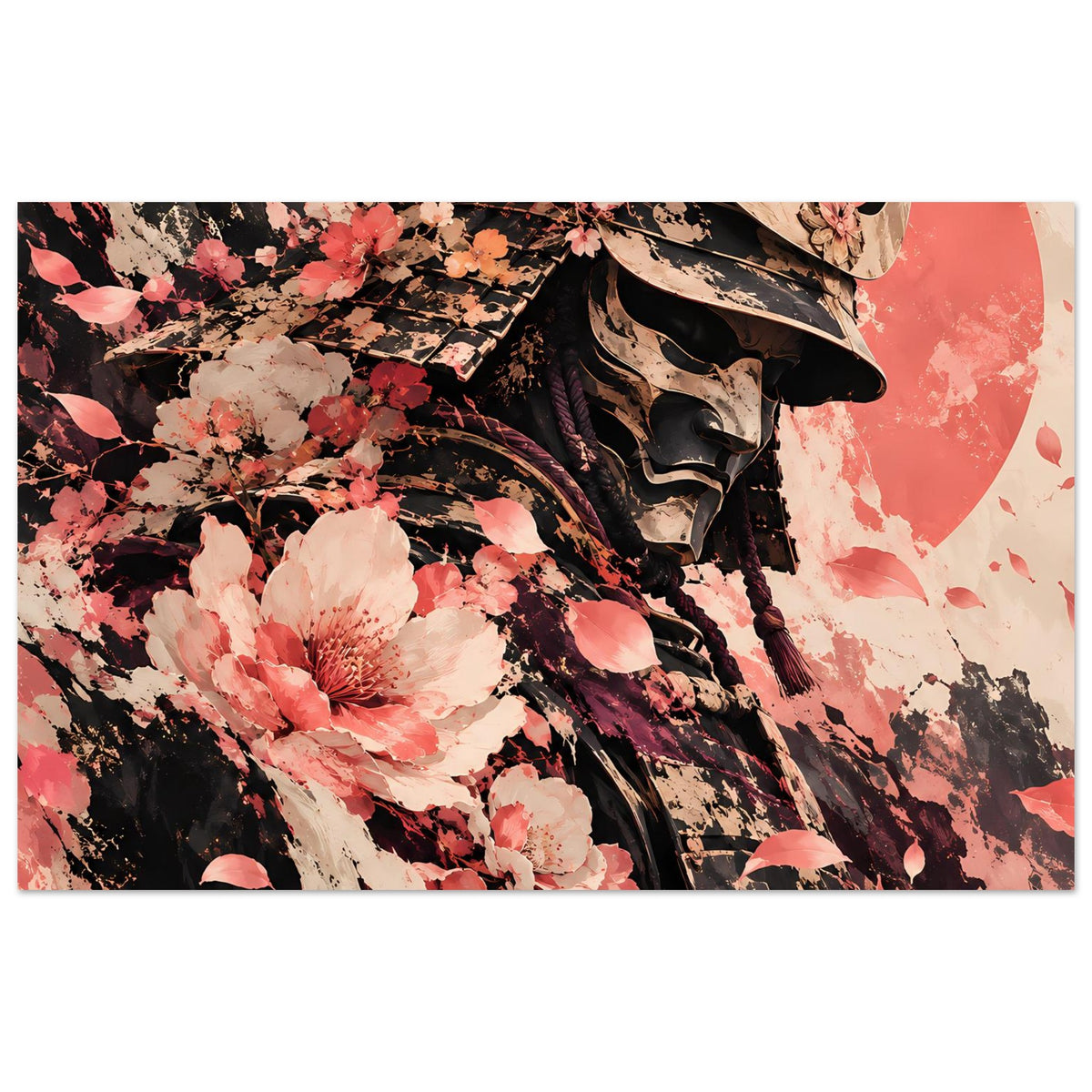 Poster im Querformat: Samuraihelm mit Kirschblüten-Motiv in Rosa, Beige und Schwarz